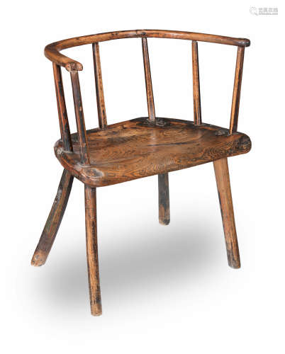 Traces of historic red and green paint A George III ash, yew and elm stick-back primitive Windsor armchair, probably West Country, circa 1800