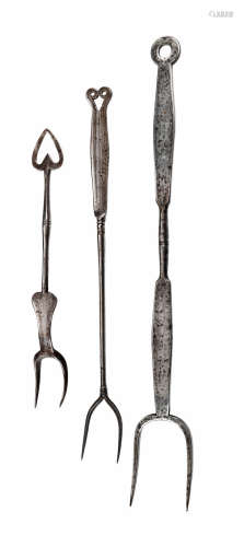 Three 18th century iron flesh or cooking forks