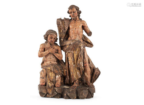 A 17th century polychrome-decorated and parcel-gilt figure group, German, probably The Baptism of Christ