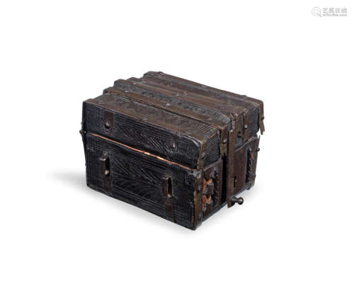 A 16th century iron and leather coffret, French, circa 1500