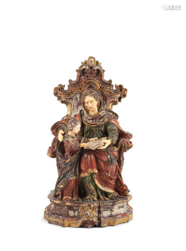 A late 18th/early 19th century polychrome-decorated and ivory sculpture, St Anne and the Virgin, Indo-Portuguese