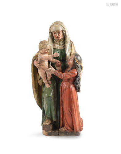 A late 18th century polychrome-painted carved figure group, St Anne with the Virgin & Christ, possibly Italian or German