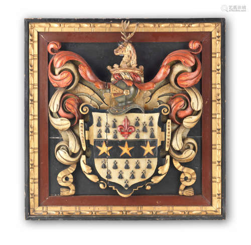 A polychrome-painted and carved armorial achievement, with the arms of Walter Lister (1628 - 1682) of Ripon, the sixth son of Sir John Lister (1587 - 1640) of Hull