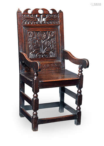 A Charles I joined oak panel-back open armchair, Cheshire/Lancashire, circa 1680