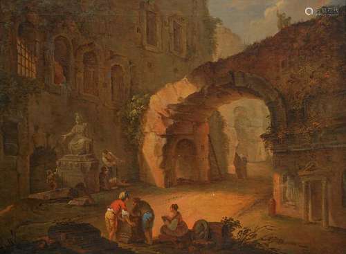 ECOLE FRANCAISE 18ème SIECLE ENTOURAGE D’HUBERT ROBERT Capriccio dans les ruines romaines