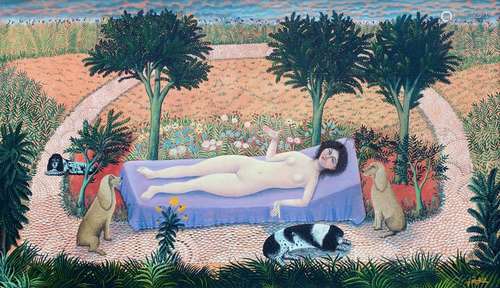 GEORGY STEFULA (1913-1999) Nu aux chiens dans le jardin, Ecole allemande Naïve