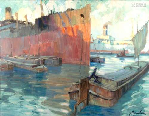 JULES VAN DE LEENE (1887-1962) Cargo au Port d’Ostende