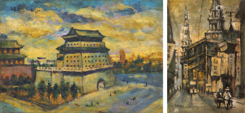 刘海粟 1940年 “北京前门”、“杭州宝椒塔远眺”油画小品 （二幅） 纸本 油画
