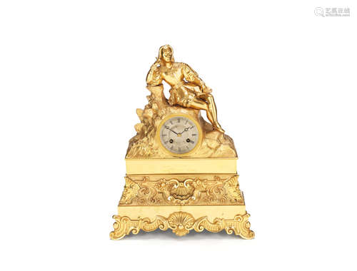 A mid 19th century French gilt bronze figural mantel clock