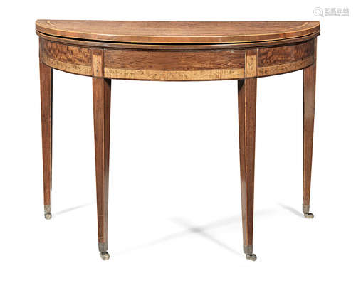 A George III mahogany, satinwood and rosewood demi-lune card table