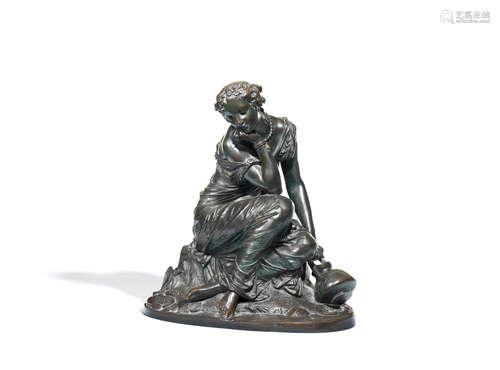 in the manner of Jean-Jacques Pradier (Swiss / French, 1790-1852) cast by the Brussels foundry A 19th century patinated bronze figure of a seated classical female water carrier