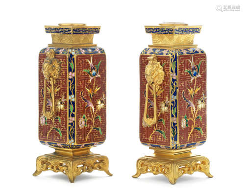 probably late 19th century / early 20th century A pair of French gilt bronze and champleve enamel Japaneisme style vases