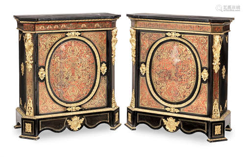 A pair of French 19th century gilt bronze mounted tortoiseshell and brass 'Boulle' marquetry ebonised pier cabinets