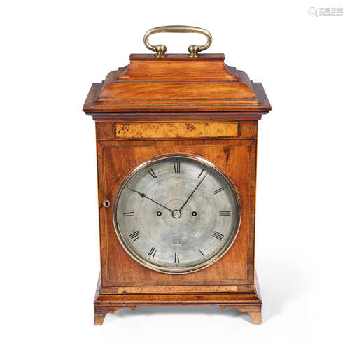 the dial and movement signed James Dalziel, Frazerburgh  An interesting mahogany and yew wood banded Scottish table clock with pin wheel escapement