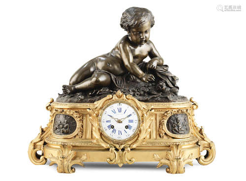 retailed by Raingo Frères, Paris, the case cast by Henry Picard  A large and impressive mid 19th century French gilt and patinated bronze figural mantel clock