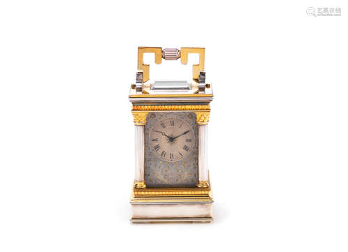 signed Margaine, no. 6748  A good late 19th century French silvered and gilt brass minature carriage timepiece