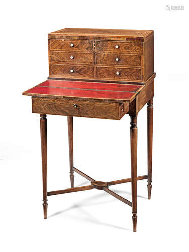 A late George III rosewood, tulipwood crossbanded and chequer inlaid bonheur du jour