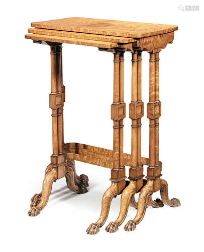 A George IV birds' eye maple nest of three tables attributed to Gillows