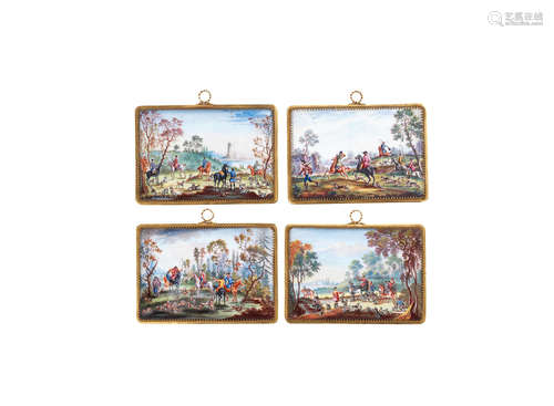 in the 18th century English style A set of four small early 20th century French enamel plaques