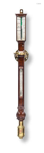 signed Moralee, North Shields  A mid 19th century mahogany rosewood marine stick barometer