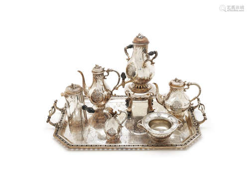 by Amélie Cardeilhac, 1st standard Paris marks, the tray and samovar plated  (7) An early 20th century six-piece French silver tea and coffee service with tray