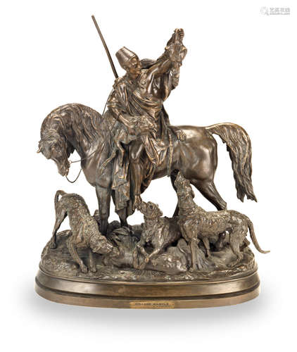 conceived circa 1870, the cast probably late 19th / early 20th century Max Arthur Waagen (German, 1833-1898): A patinated bronze figural equestrian group of 'Chasse Kabyle (Kabyle Au Retour De La Chasse)'