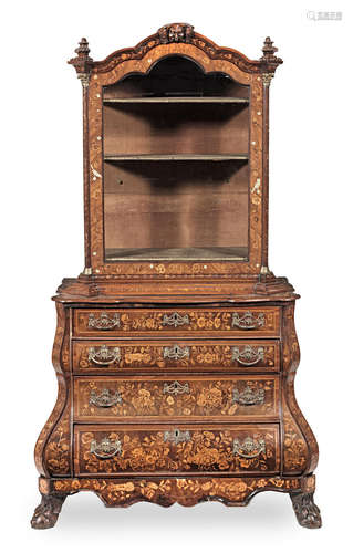 A small Dutch late 18th century mahogany, ivory and fruitwood marquetry display cabinet on chest