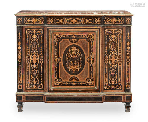 A Napoleon III brass mounted rosewood, tulipwood, ebonised and fruitwood marquetry breakfront meuble d'appui