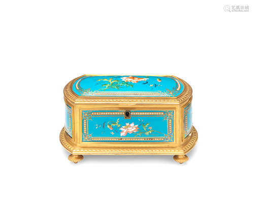 A late 19th / early 20th century French gilt bronze and enamel inset jewellery box