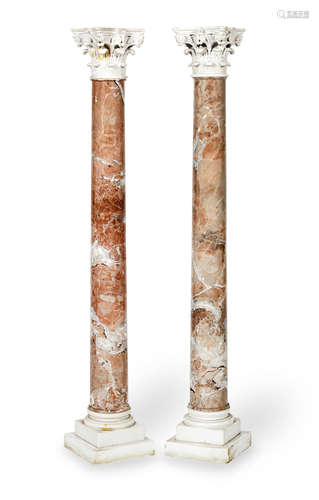 A pair of French or Italian 19th century variegated pink and white marble column pedestals