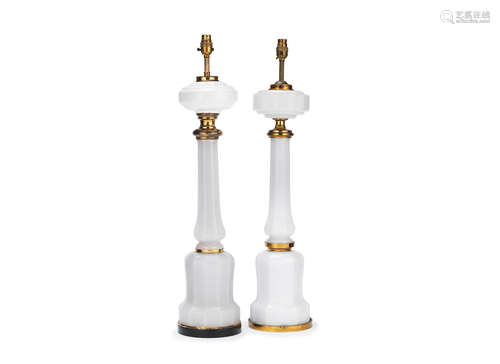 A near pair of late Victorian brass mounted opaline glass oil lamp bases (2)