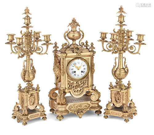 the movement stamped Japy Freres  A large French late 19th century gilt bronze clock garniture