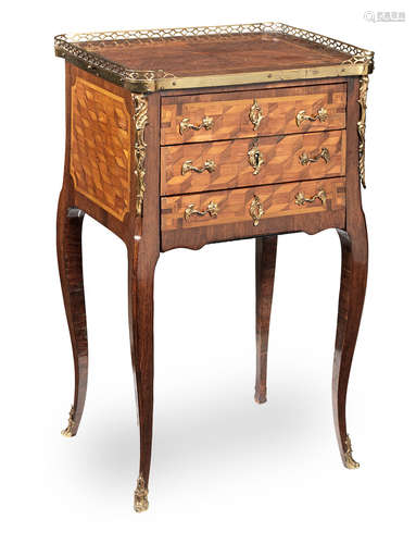 A Louis XV/XVI Transitional gilt bronze mounted tulipwood, amaranth and parquetry table en chiffoniere