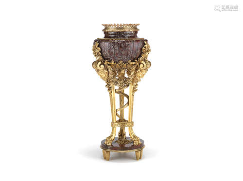 the design after the celebrated model by Francois-Joseph Belanger (French, 1744-1818) originally cast by Pierre Gouthière (French, 1732-1813)   A late 19th century French gilt bronze mounted and cut jasper perfume burner in the Louis XVI style, the mounts signed Henry Dasson and dated 1877