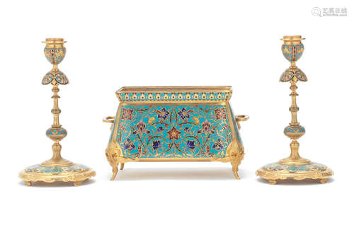 A late 19th / early 20th century French gilt bronze and champleve enamel jardiniere together with a pair of similar candlesticks