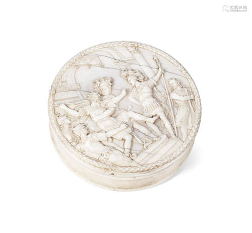 after an original scene by Maarten de Vos (Flemish, 1532-1603) and later reproduced as a print by Aegidius Sadeler II and Jan Sadeler, circa 1550-1590  A late 17th / early 18th century Franco-Flemish carved ivory circular box and cover depicting the story of Saul and David