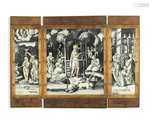 in the 16th century style after Martin Didier Pape   A 19th century Limoges enamel triptych depicting Scenes from the life of St. John the Baptist