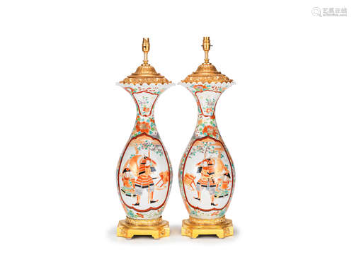 the porcelain possibly late Meiji or Taishō period, the later mounts in the Louis XVI style  A pair of gilt bronze mounted Japanese porcelain vase lampbases