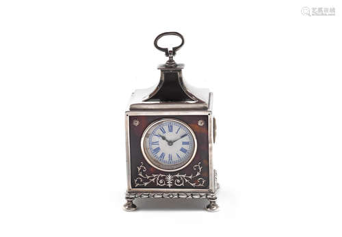 by William Comyns, London 1909  An Edwardian silver and tortoiseshell desk clock