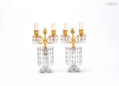 A pair of 19th century gilt metal and  cut glass lustre candelabra lampbases