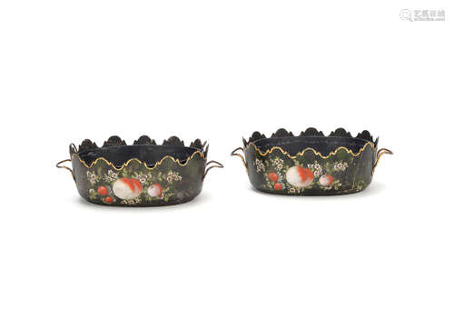 in the Pontypool style, possibly 19th century A pair of green and floral japanned tin oval jardinières, 33cm wide (2)