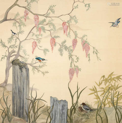 in the Chinese taste, signed and dated 1982 A collection of six gilt framed Janie Sinclair hand-painted embroidered and padded silk wall scenic panels