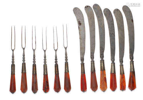 unmarked  (12) A set of early 18th century agate-handled knives and forks