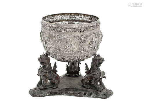 maker's signature a seated lion, circa 1890  A Burmese silver bowl on stand