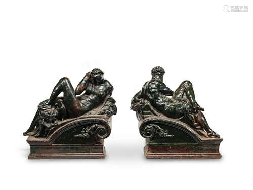 possibly late 19th century A pair of painted cast iron models of 'Night' and 'Day' cast after the models on the tomb of Guiliano de' Medici by Michelangelo