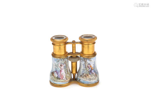 with French retailers mark CH Gaggini Opticien, 1 R. De L'Echelle Paris A pair of late 19th century mother of pearl and gilt brass mounted Austrian enamel opera glasses