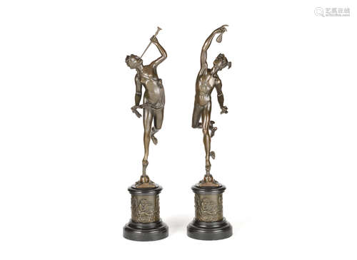 After Giambologna (Italian, 1529-1608): A pair of patinated bronze figures of Mercury and Fortuna