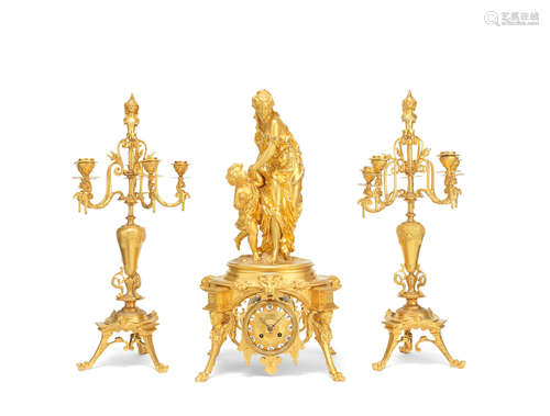 the figural group of a mother and child after Pierre-Eugène-Émile Hébert (French, 1823-1893), the clock movement signed J.Levebvre and Japy Freres  A fine late 19th century French burnished and frosted gilt bronze figural clock garniture