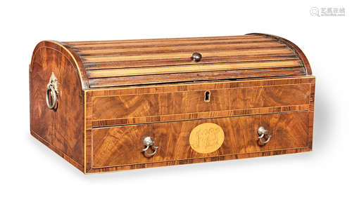 An unusual George III mahogany, crossbanded and inlaid tabletop tambour writing box