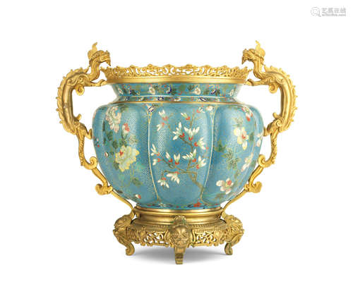 in the Japonisme taste, possibly by Ferdinand Barbedienne A good late 19th century French gilt bronze mounted champlevé jardinière